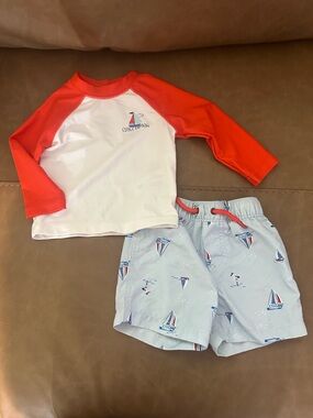 Carter's White & Red Rash Guard with Light Blue Sailboat Swim Trunks